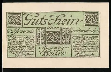 Notgeld Waldneukirchen, 20 Heller, Landschaftspanorama und dekorative Schriftzüge