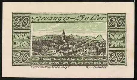 Notgeld Waldneukirchen, 20 Heller, Landschaftspanorama und dekorative Schriftzüge