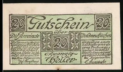 Notgeld Waldneukirchen, 20 Heller, Landschaftspanorama mit Kirche und Bergen, dekorative Schriftzüge