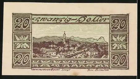 Notgeld Waldneukirchen, 20 Heller, Landschaftspanorama mit Kirche und Bergen, dekorative Schriftzüge