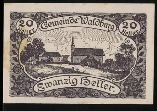 Notgeld Waldburg 1920, 20 Heller, Landschaft mit Kirche und dekorative Schriftzüge