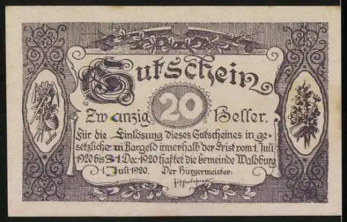 Notgeld Waldburg 1920, 20 Heller, Landschaft mit Kirche und dekorative Schriftzüge