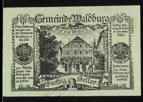 Notgeld Waldburg 1920, 50 Heller, Dorfansicht mit Arbeitern und dekorativen Elementen