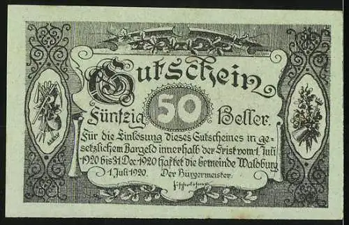 Notgeld Waldburg 1920, 50 Heller, Dorfansicht mit Arbeitern und dekorativen Elementen