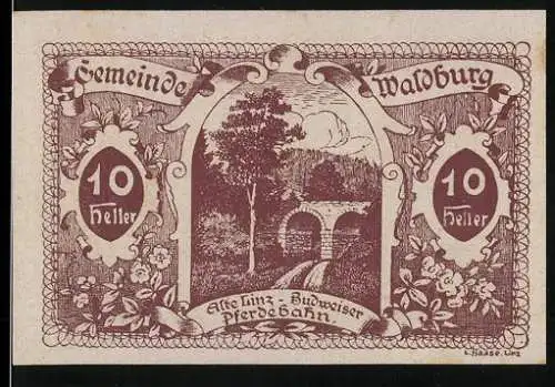 Notgeld Waldburg 1920, 10 Heller, Alte Linz-Budweiser Pferdebahn, florales Design