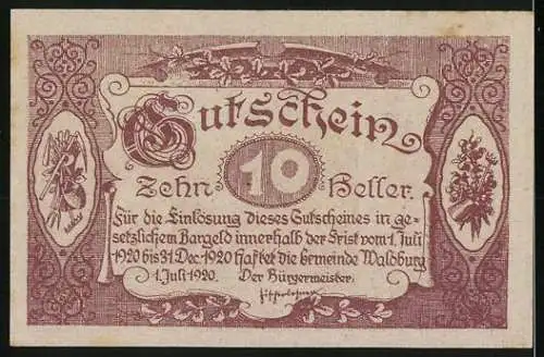 Notgeld Waldburg 1920, 10 Heller, Alte Linz-Budweiser Pferdebahn, florales Design