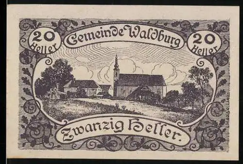 Notgeld Waldburg 1920, 20 Heller, Dorflandschaft und florale Ornamente