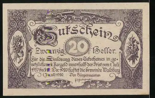 Notgeld Waldburg 1920, 20 Heller, Dorflandschaft und florale Ornamente