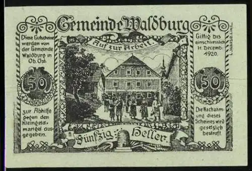 Notgeld Waldburg 1920, 50 Heller, Arbeiter vor Gebäude, florale Ornamente, Gültigkeit bis 31. Dezember 1920