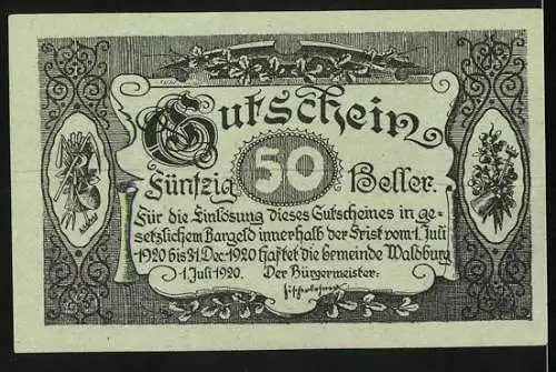 Notgeld Waldburg 1920, 50 Heller, Arbeiter vor Gebäude, florale Ornamente, Gültigkeit bis 31. Dezember 1920