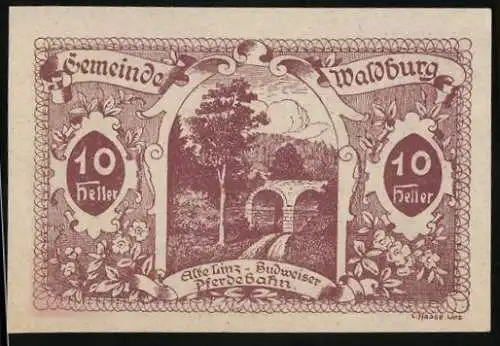 Notgeld Waldburg 1920, 10 Heller, Alte Linz-Budweiser Pferdebahn, florale Verzierungen, Gutscheintext