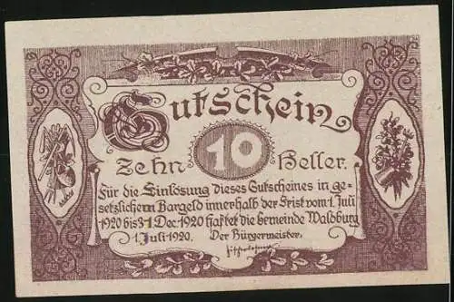 Notgeld Waldburg 1920, 10 Heller, Alte Linz-Budweiser Pferdebahn, florale Verzierungen, Gutscheintext