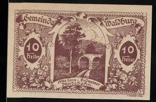 Notgeld Waldburg 1920, 10 Heller, Alte Linz-Budweiser Pferdebahn, floral design and instruments