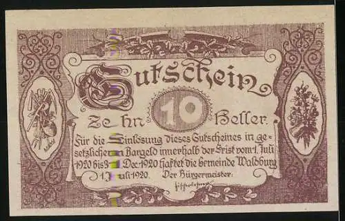 Notgeld Waldburg 1920, 10 Heller, Alte Linz-Budweiser Pferdebahn, floral design and instruments
