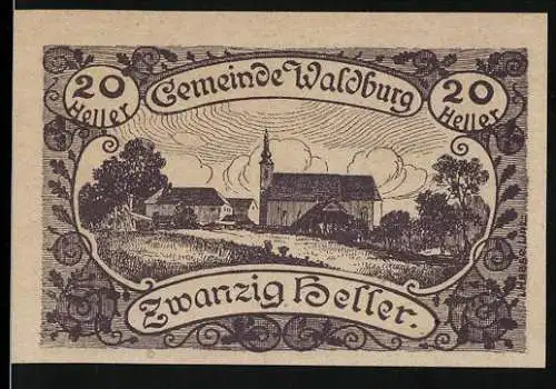 Notgeld Waldburg 1920, 20 Heller, ländliche Szene mit Kirche und Dekorationselementen