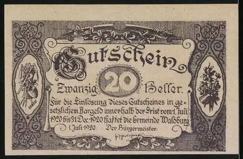 Notgeld Waldburg 1920, 20 Heller, ländliche Szene mit Kirche und Dekorationselementen