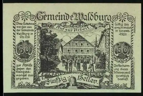 Notgeld Waldburg 1920, 50 Heller, Dorfszene mit Arbeitern und Pflanzenmotiven