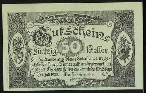 Notgeld Waldburg 1920, 50 Heller, Dorfszene mit Arbeitern und Pflanzenmotiven