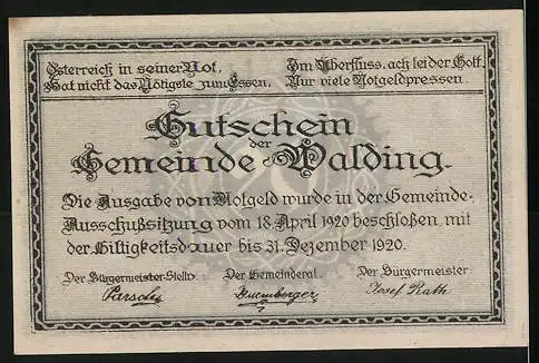 Notgeld Walding 1920, 20 Heller, Kirche und Landschaftsmotiv