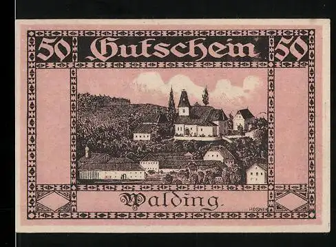 Notgeld Walding 1920, 50 Heller, Dorfszene mit Kirche und Häusern