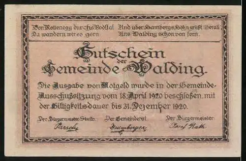 Notgeld Walding 1920, 50 Heller, Dorfszene mit Kirche und Häusern