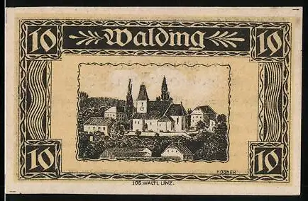 Notgeld Walding 1920, 10, Stadtansicht mit Kirche und Häusern