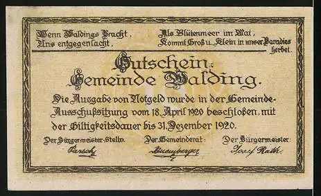 Notgeld Walding 1920, 10, Stadtansicht mit Kirche und Häusern