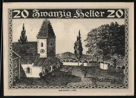 Notgeld Walding 1920, 20 Heller, Kirche und Landschaftsmotiv