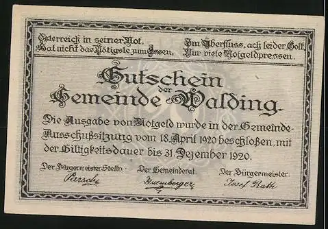 Notgeld Walding 1920, 20 Heller, Kirche und Landschaftsmotiv