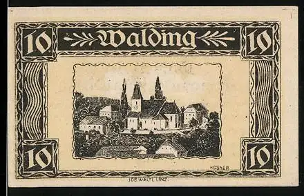 Notgeld Walding 1920, 10, Stadtansicht mit gotischen Kirchen und Signaturen der Gemeindevertreter