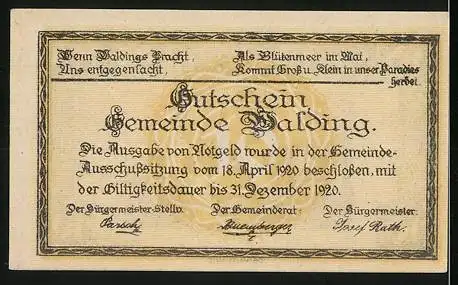 Notgeld Walding 1920, 10, Stadtansicht mit gotischen Kirchen und Signaturen der Gemeindevertreter