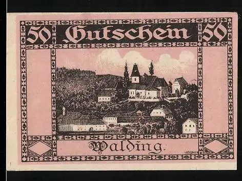 Notgeld Walding 1920, 50 Heller, Stadtansicht mit Kirche und Landschaft