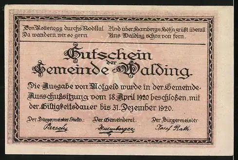 Notgeld Walding 1920, 50 Heller, Stadtansicht mit Kirche und Landschaft