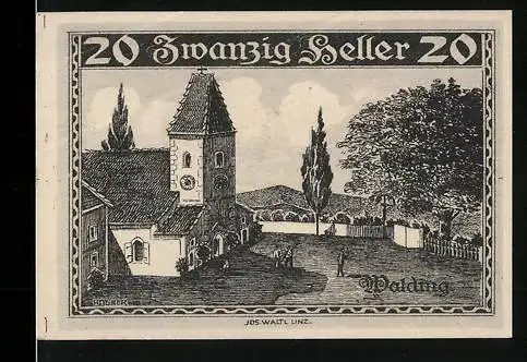 Notgeld Walding 1920, 20 Heller, Kirche und Landschaftsmotiv