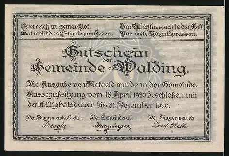 Notgeld Walding 1920, 20 Heller, Kirche und Landschaftsmotiv