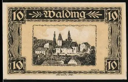 Notgeld Walding 1920, 10 Heller, Stadtansicht mit Kirche und Gebäuden