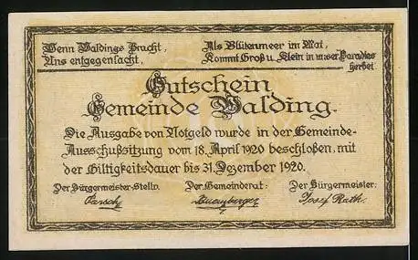 Notgeld Walding 1920, 10 Heller, Stadtansicht mit Kirche und Gebäuden