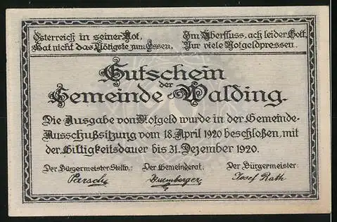 Notgeld Walding 1920, 20 Heller, Kirche und Landschaftsmotiv