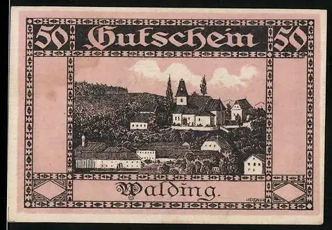 Notgeld Walding 1920, 50 Gutschein, Landschaft mit Gebäuden und Text zur Gültigkeit