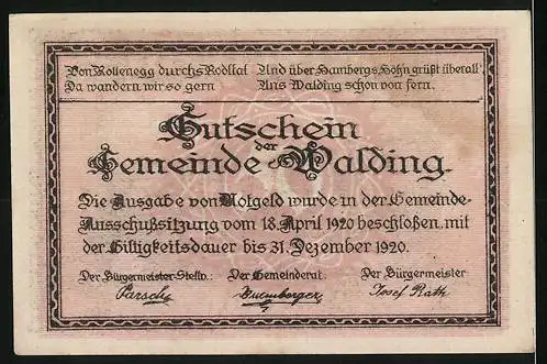 Notgeld Walding 1920, 50 Gutschein, Landschaft mit Gebäuden und Text zur Gültigkeit