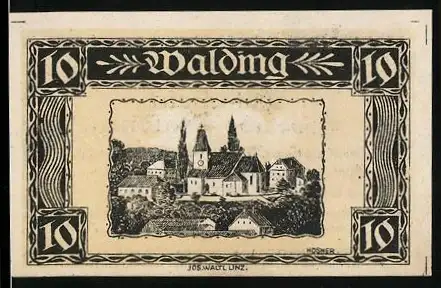 Notgeld Walding 1920, 10 Heller, Stadtansicht von Walding, Text über Ausgabe und Gültigkeit