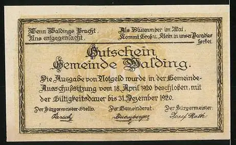 Notgeld Walding 1920, 10 Heller, Stadtansicht von Walding, Text über Ausgabe und Gültigkeit