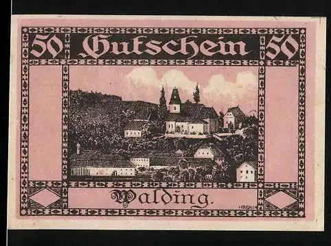 Notgeld Walding 1920, 50 Heller, Dorflandschaft und Text mit Gültigkeitsdatum