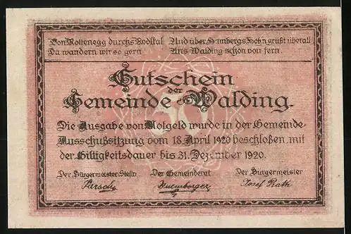 Notgeld Walding 1920, 50 Heller, Dorflandschaft und Text mit Gültigkeitsdatum