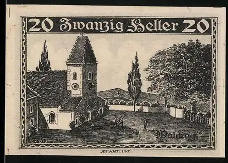 Notgeld Walding 1920, 20 Heller, Kirche und Landschaftsmotiv, Ausgabe bis 31. Dezember 1920