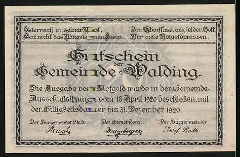 Notgeld Walding 1920, 20 Heller, Kirche und Landschaftsmotiv, Ausgabe bis 31. Dezember 1920