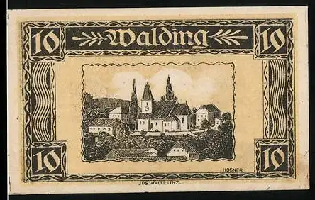 Notgeld Walding 1920, 10 Heller, Ortsansicht mit Kirche und Gebäuden