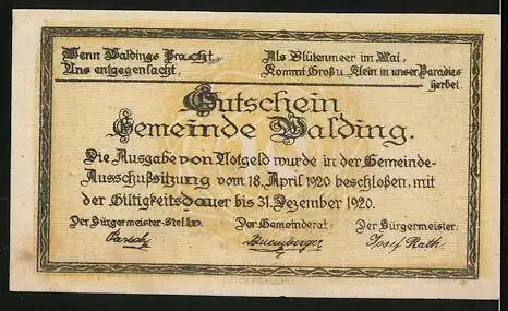 Notgeld Walding 1920, 10 Heller, Ortsansicht mit Kirche und Gebäuden