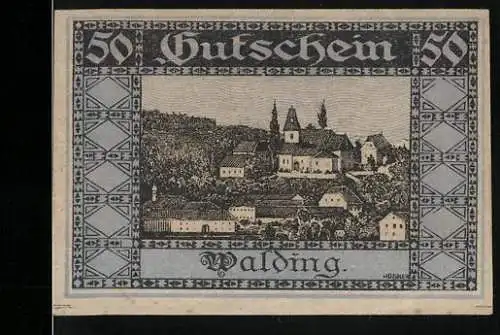 Notgeld Walding 1920, 50 Heller, Dorflandschaft und Textura-Schrift