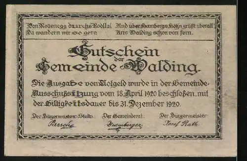 Notgeld Walding 1920, 50 Heller, Dorflandschaft und Textura-Schrift